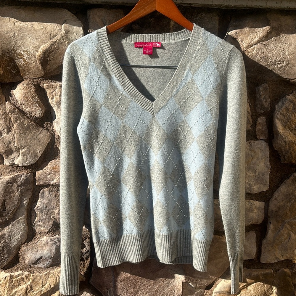 Wild About Cashmere Argyle Sweater Saks Fifth Avenue Sequins V-neck Size Large